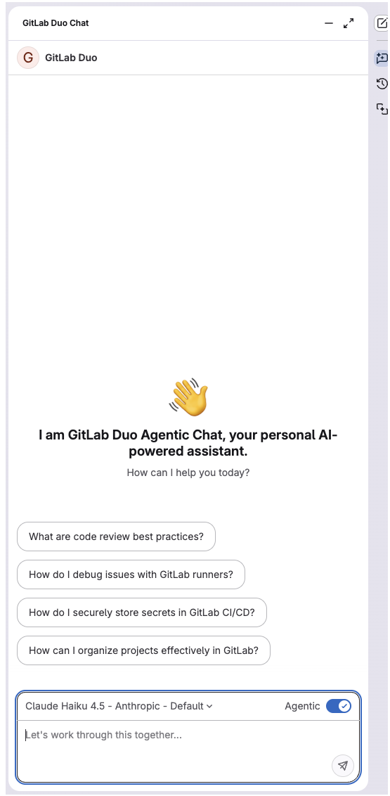 A new, empty chat in the GitLab Duo panel.